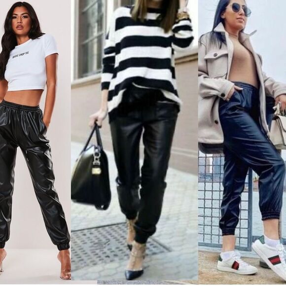 Zara black faux leather vegan joggers pull on Sz M NWT - Picture 4 of 13